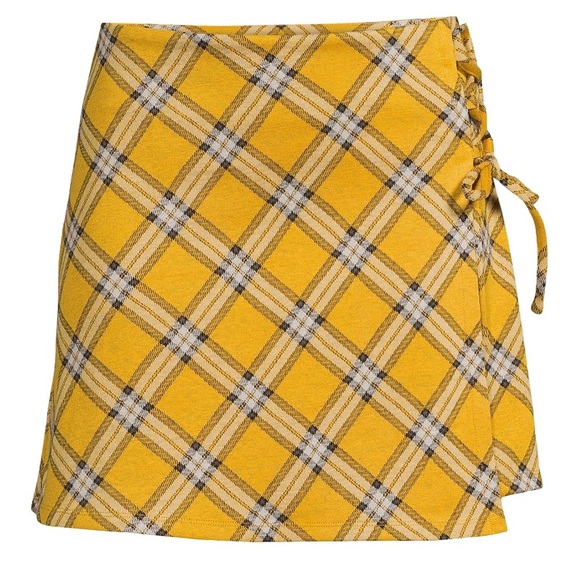 Madden NYC Classic Yellow Plaid Print with Lace Up Side and Wrap Skirt - Picture 3 of 10
